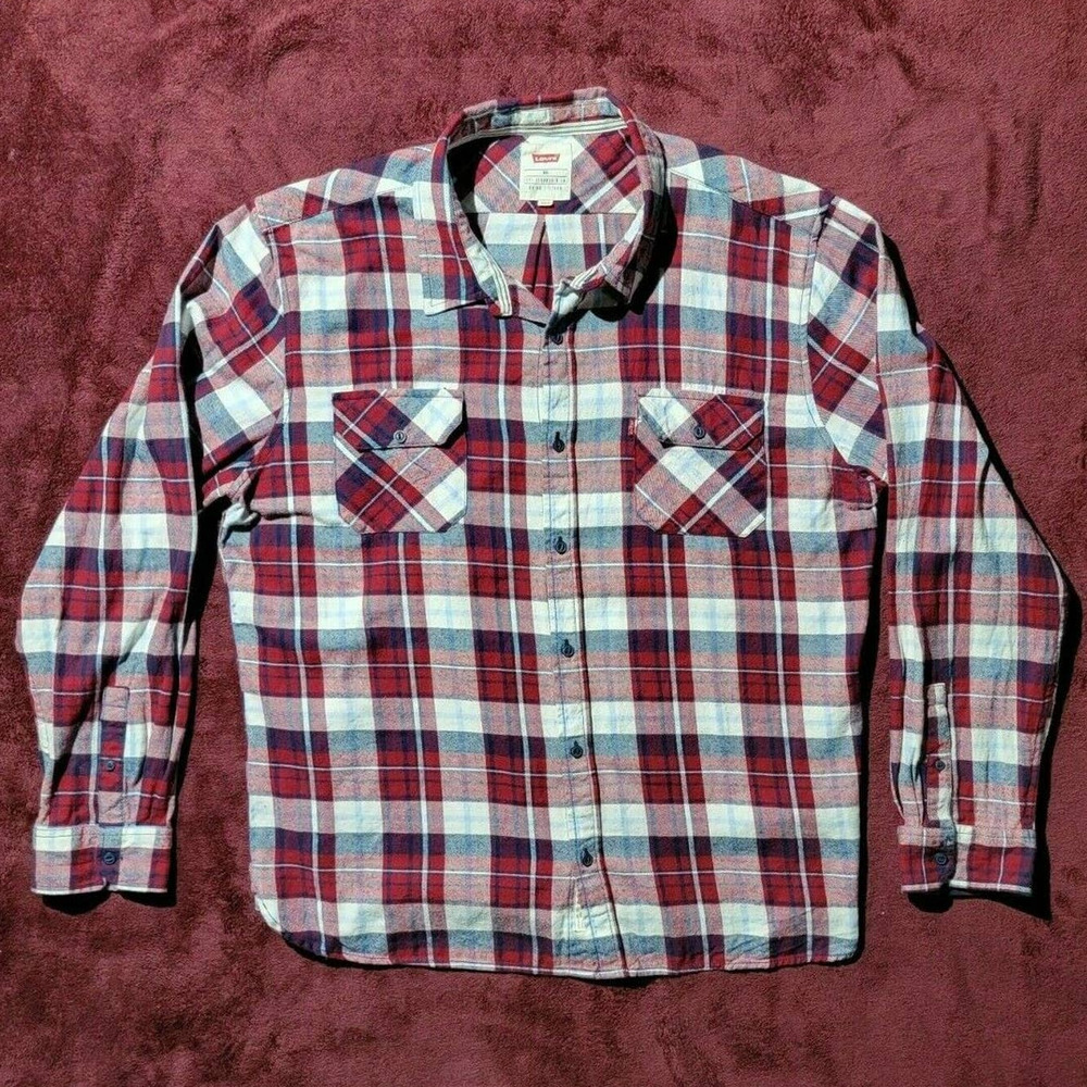 EUC Levi's Men's Red White Plaid Cotton Flannel Button Down Shirt XXL 2XL